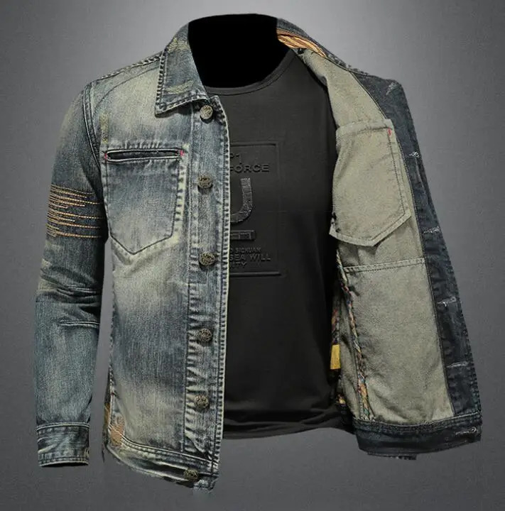 Riding Biker Denim Jacket Mens Retro Slim Cowboy Jacket Youth High Street Ripped Patch Denim Outerwear 250225