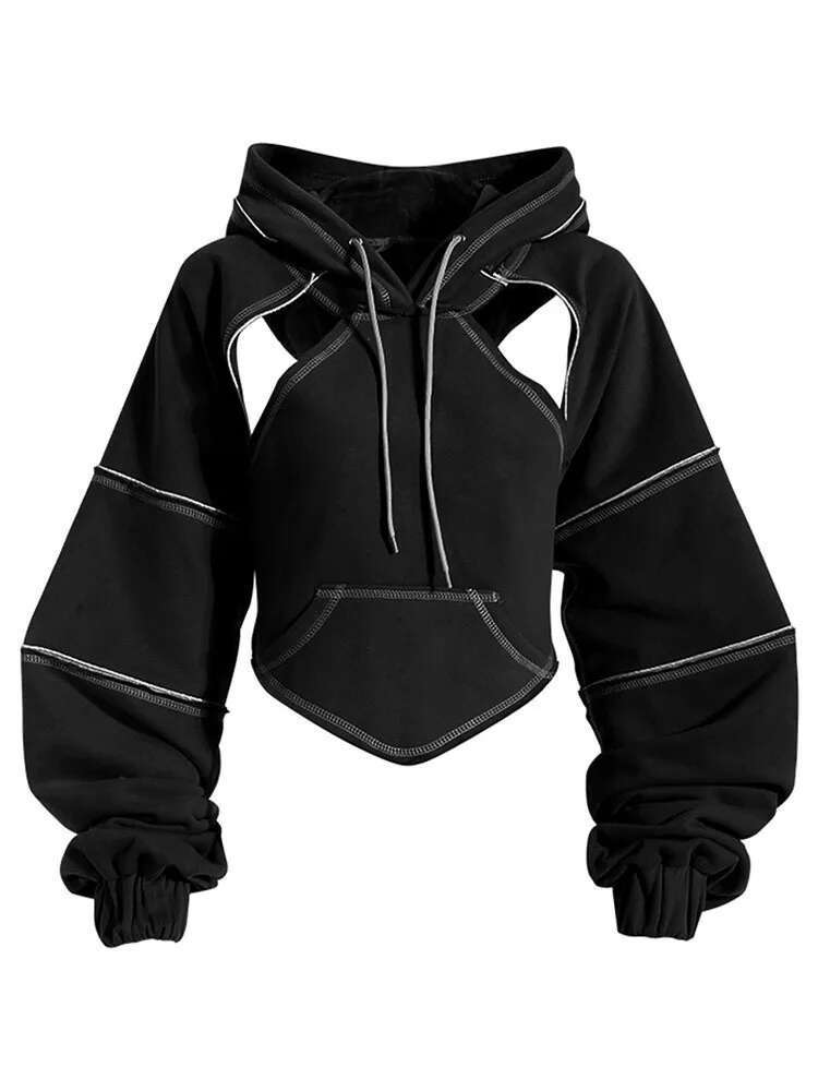 DEAT Fashion Women's Hoodies Contrast Color Open e Hooded Cut Out Backless Bandage Sweatshirt Autumn 2025 New 1DF1820