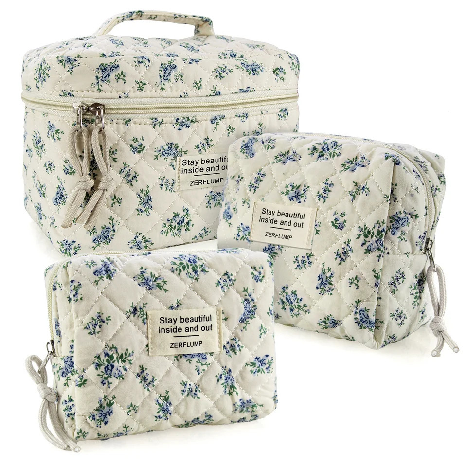 Ship from US Cute Quilted Floral Makeup Bag3PcsCoquette Aesthetic Cosmetic BagTravel Toiletry Bags Kawaii pouch for Women 250227FBB