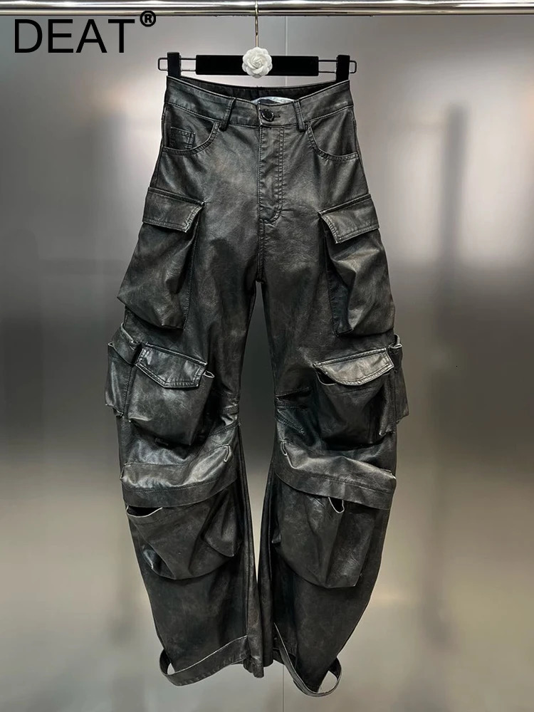 DEAT Multi Pocket n Retro PU Womens Leather Pants High Waist Single Button Freight Transport Vehicle Fall 11X5286 250227