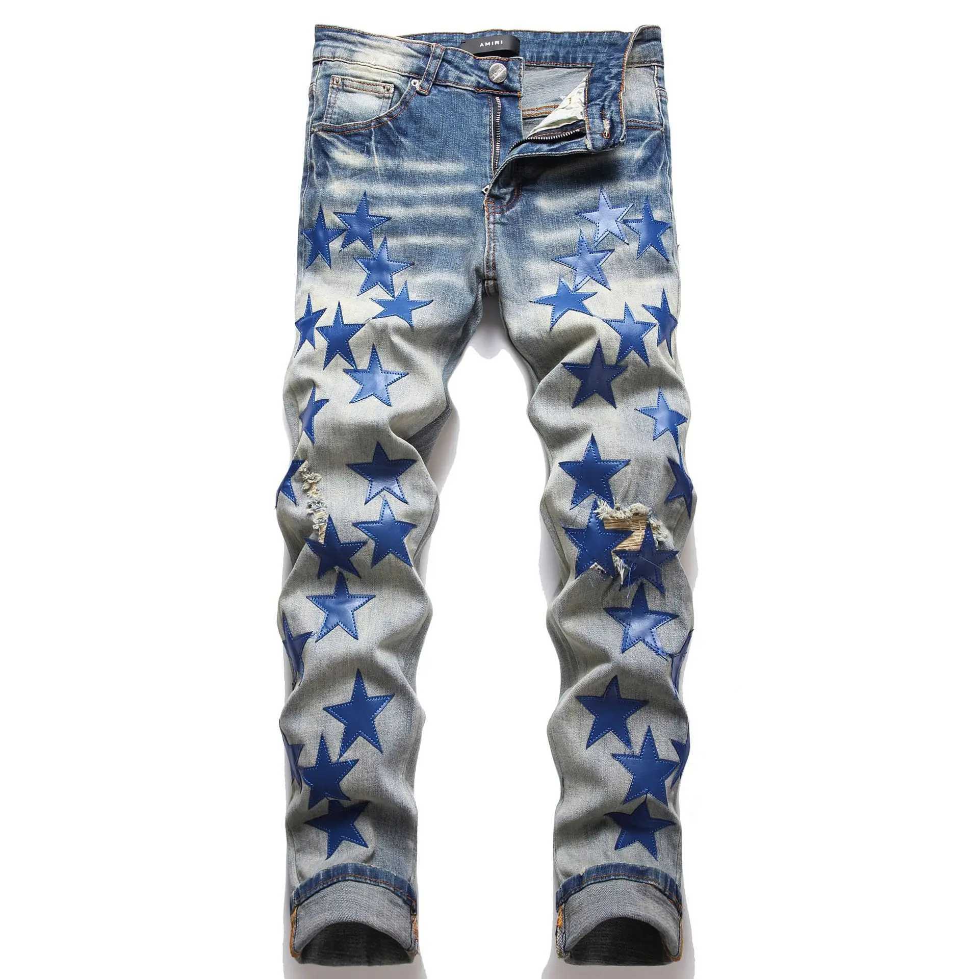 Mens high street new ripped stars patch jeans mens fashion slim feet full of stars stretch jeans male trend X250227