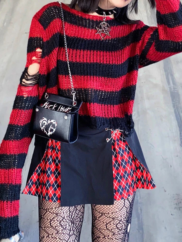 KOSAHIKI Striped Womens Crop Sweater Punk Streetwear Korean Style Hole Thin Knitted Gothic Long Sleeve Y2k Pullover 250225