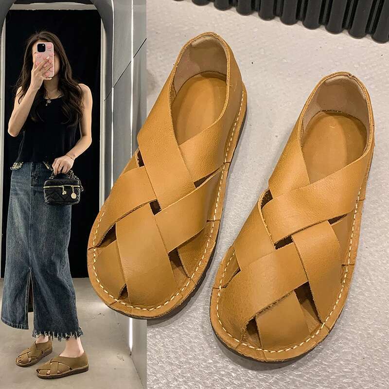 2025 Summer New Leather Women's Sandals Top Leather Handmade Weaving Designer Sandals Women's Outdoor Casual Flat Shoes Retro Art Forest Gir