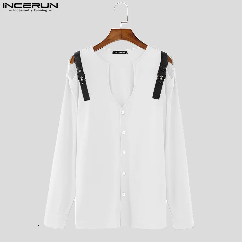 INCERUN Tops American Fashion Mens Leather Buckle Collarless Hollow Shirt Sexy Casual Solid Long Sleeve Shirt S-5XL 250222