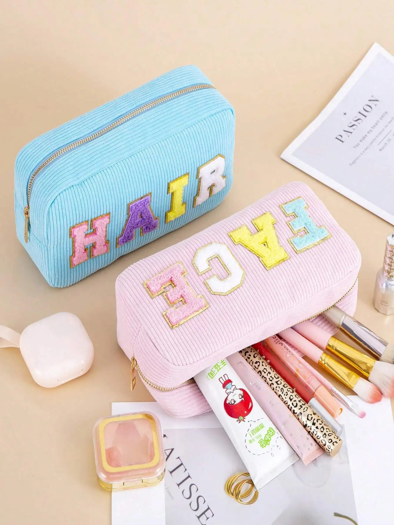 Ship from US 1Pc4Pcs Women Girls Preppy Travel Corduroy Chenille Letter Patches Skincare Face Hair Stuff Makeup Pouch Cosmetic Bags Z 250227FBB