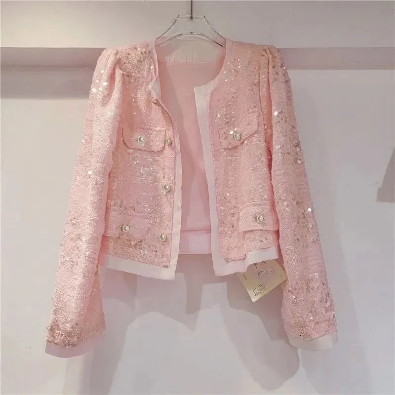 Womens Korean Outerwear Cardigan Splicing Sequin Jacket Spring Female Long Sleeved Stylish Socialite Versatile Slim 250227