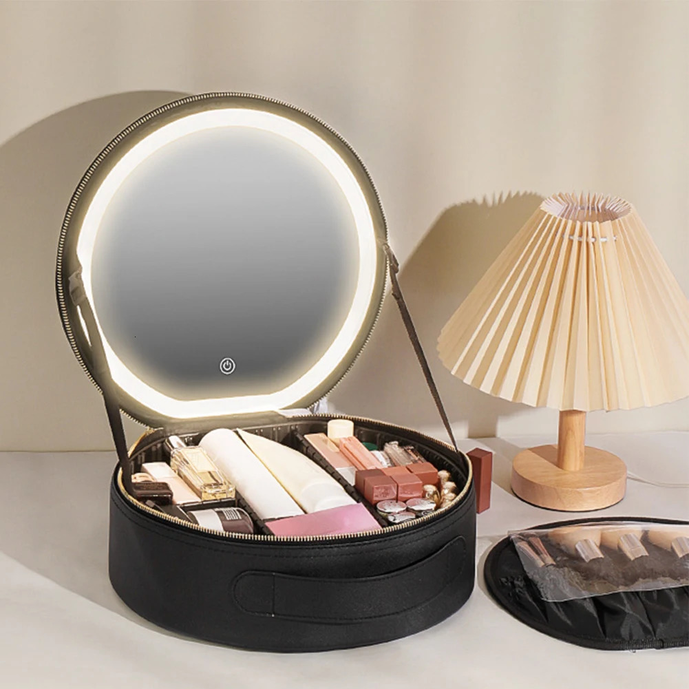 Ship from US PU Multifunctional Toiletries Organizer with LED Mirror Makeup Case Light 3 Color Adjust Brightness Touch Switch for Women Girls 250227FB