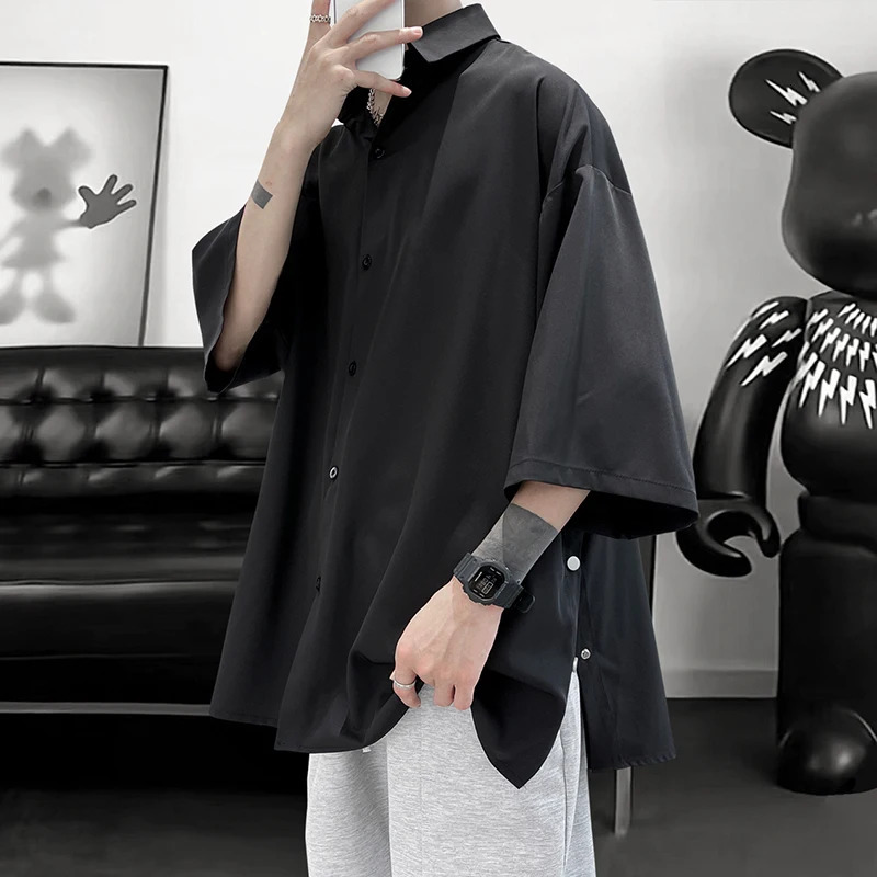 Summer Short Sleeved Shirt Men Oversized Social Mens Black Dress Shirt Korean Loose Casual Ice Silk Shirt Mens White Shirts 250224