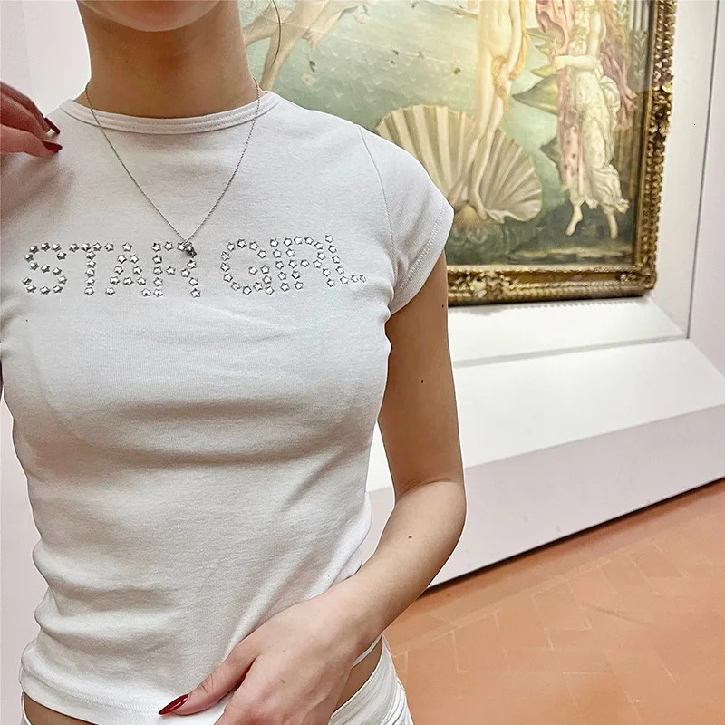 Star Bling Rhinestones Women Grunge T-shirt Y2k Aesthetic Clothes Vintage Street Tee Grunge Graphic Short Sleeve Tops 250227