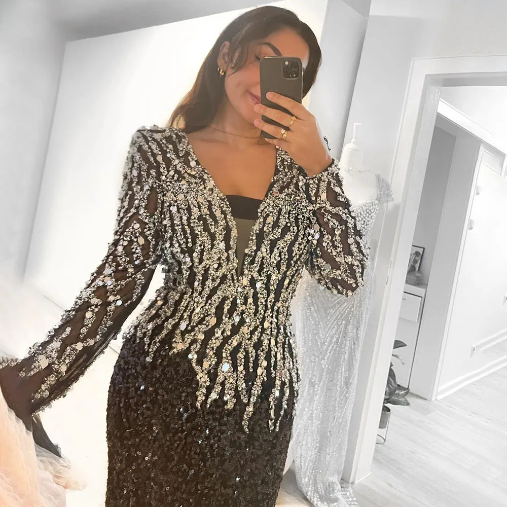 Luxury Black Mermaid Dubai Evening DressesV-Neck Long Sleeves Arabic Women Formal Party Gowns Customized