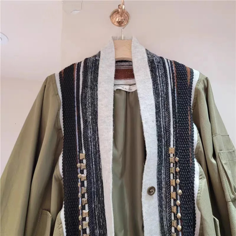 Fashion womens jacket rivet patchwork fringed Vneck longsleeved singlebreasted contrasting coat spring 250227