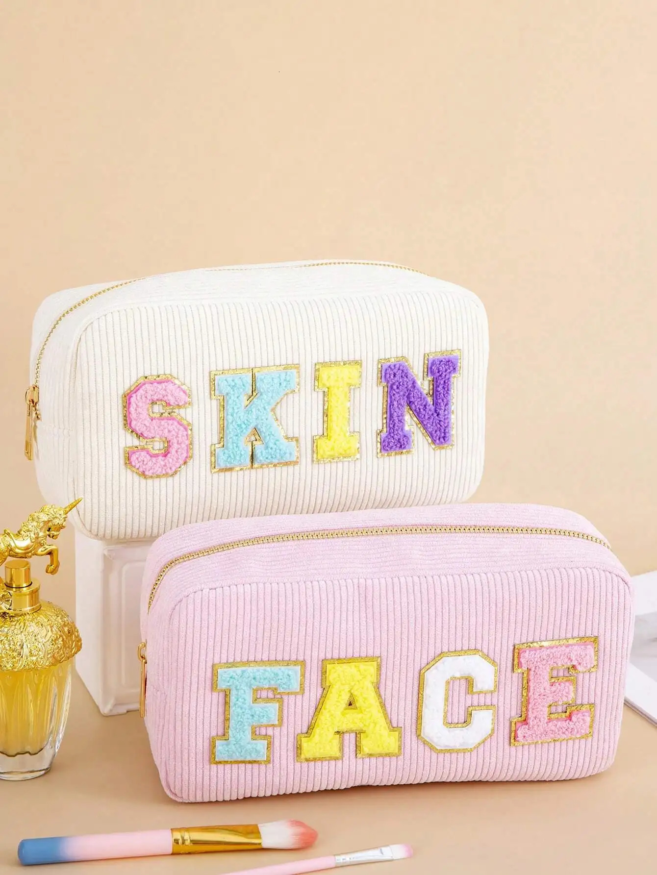 Ship from US 1Pc4Pcs Women Girls Preppy Travel Corduroy Chenille Letter Patches Skincare Face Hair Stuff Makeup Pouch Cosmetic Bags Z 250227FBB