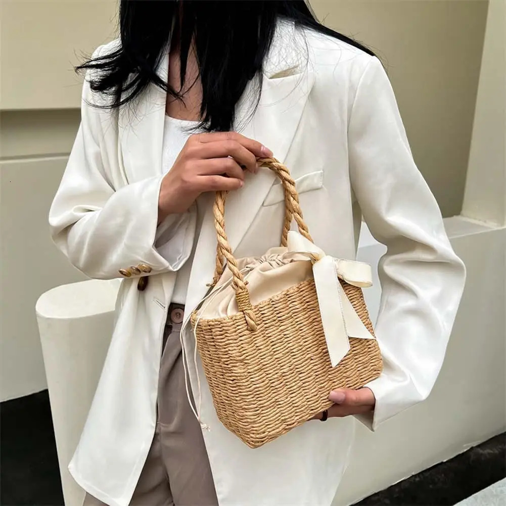 Ship from US Summer Beach Handmade Woven Portable Bag Ladies Straw Square Basket Vintage Tote 250227FBB