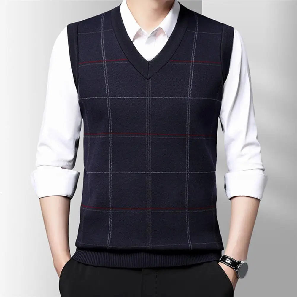 Mens Sleeveless Sweater Vest Cozy Knitted Stylish Midaged Vests Plaid Print Soft Warm for Fall Spring 250225