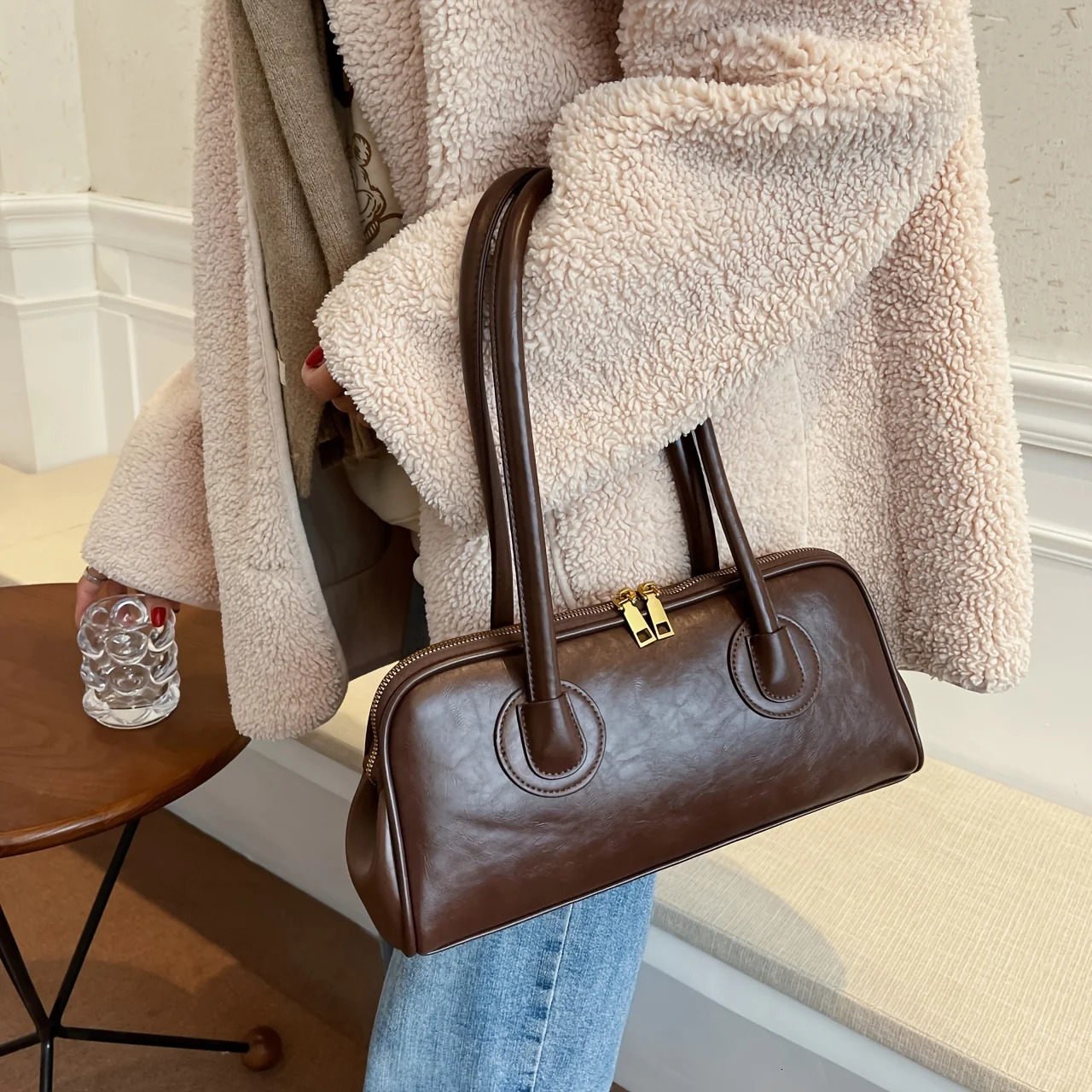 Ship from US Zipper Bag Elegant Solid Color Shoulder Womens Retro Style Handbag 250227FBB