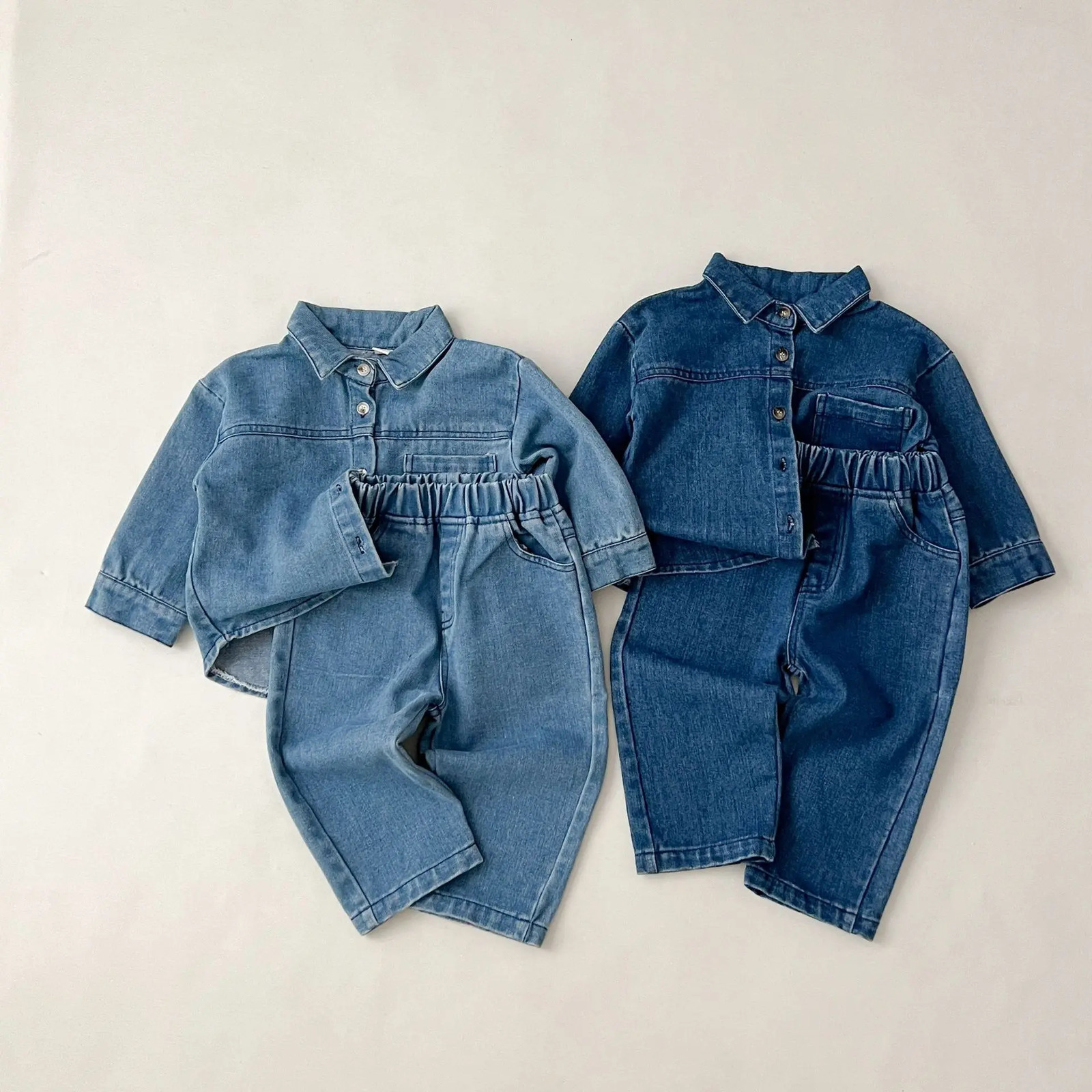 Solid denim set for baby spring autumn long sleeved denim shirt jacket for runners two-piece baby boy and girl simple casual 2PCS 250227