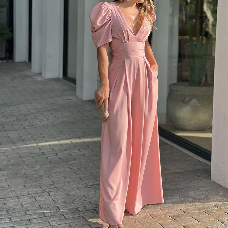 Casual womens short sleeved puff top Vneck high waist wide leg pants Y2K summer elegant tight corset loose jumpsuit one piece 250227