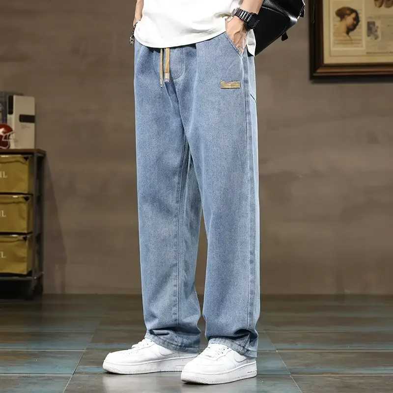 Mens straight leg blue grey loose drawstring jeans street casual jeans mens fashionable loose and comfortable jeans X250227