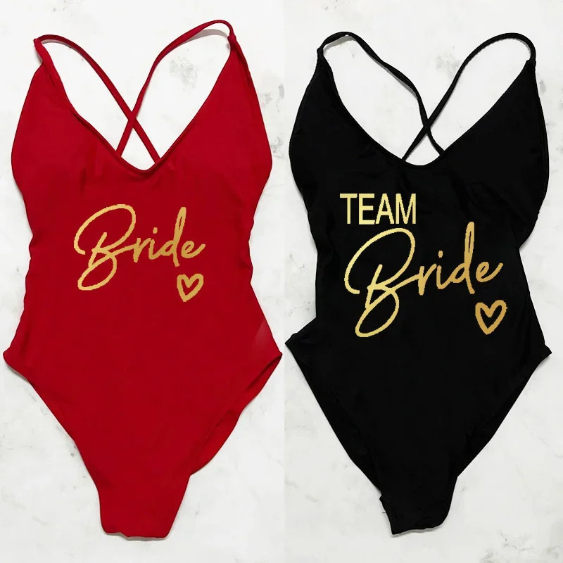 Sexy Padded One Piece Swimsuit Gold Printing TEAM Bride Swimwear Women Beachwear Bachelor Party Plus Size Bathing Suit Swimsuits 250227