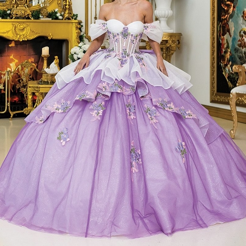 Lavender Shiny Quinceanera Dresses Ball Gown Off The Shoulder Applique Lace Tull Party Birthday Sweet 16 Vestidos 15 De Anos
