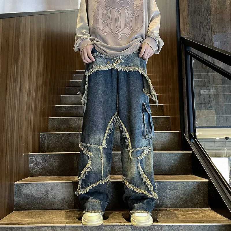 Streetwear big stars edge jeans cargo pants mens and womens clothing Y2K loose hip-hop wide leg pants Harajuku casual jeans Trousers X250227