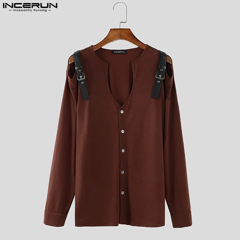 INCERUN Tops American Fashion Mens Leather Buckle Collarless Hollow Shirt Sexy Casual Solid Long Sleeve Shirt S-5XL 250222