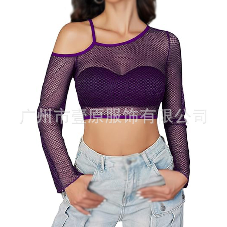 2025 summer new fishing net off shoulder long sleeved T-shirt with exposed navel sexy short top for women