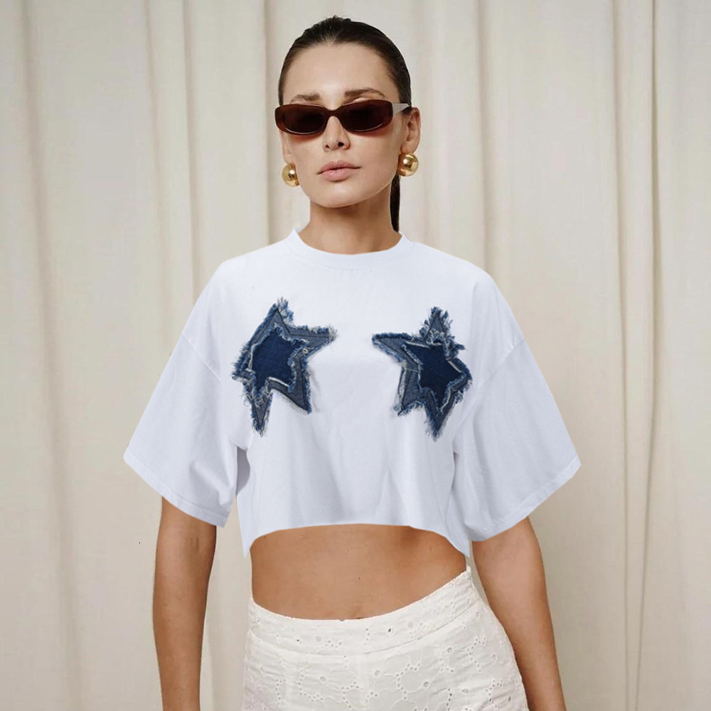 Designer's New Women's Sexy Loose Crop Exposed Star Denim Patch Round Neck Short Sleeved T-shirt Top