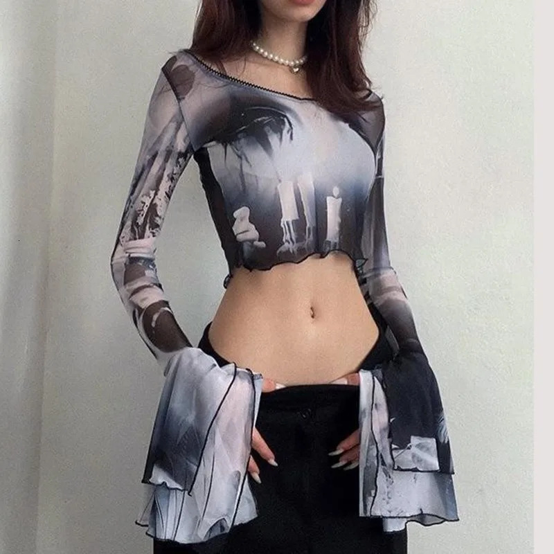 Y2K retro shirt fairy pleated long sleeved crop top graphic Tshirt tuned summer sexy ex girlfriend party vacation 250226