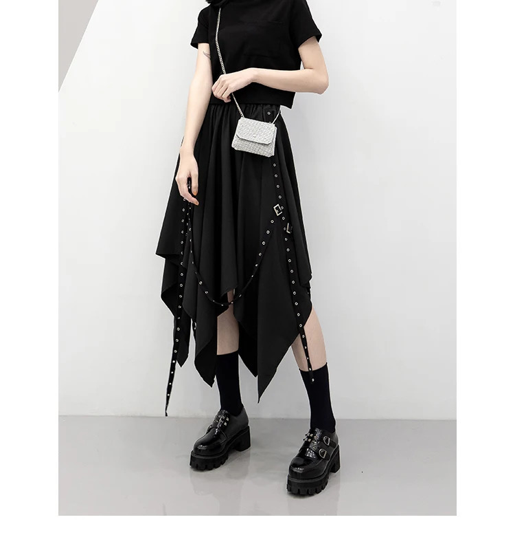 Irregular Skirt s Dark Tie Street Punk Wind Weave Buckle Medium-length Y2k Gothic Long Skirt 250226