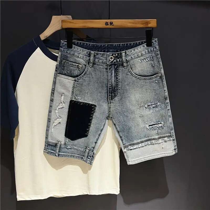 New Style Clothes Korean Clothing Men's Knee-Length Spliced Cowboy Denim Shorts Stretch Casual Short Jeans Man
