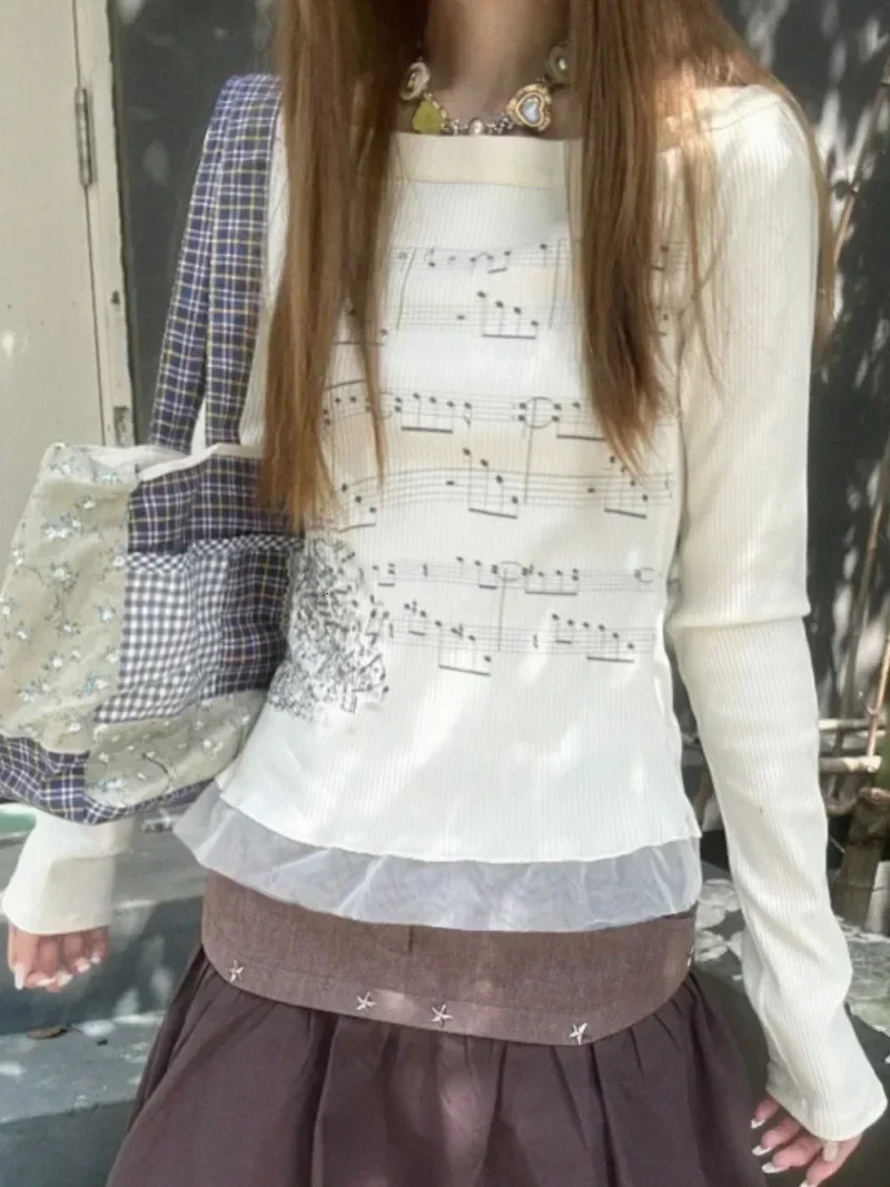 Womens long sleeved shirt cotton Tshirt music printing Y2k graphic trend slim womens fairy clothing EGirl 250226