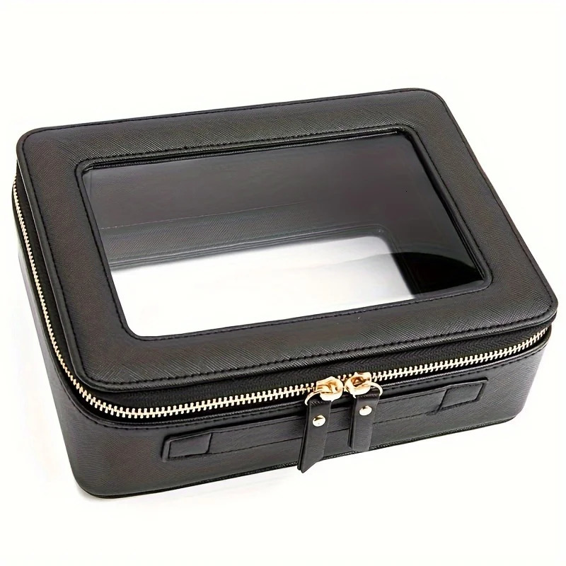 Ship from US UnisexAdult Waterproof PU Cosmetic Bag with Clear Window and Double Zippers Durable Saffiano Leather Travel Toiletry for W 250227FBB
