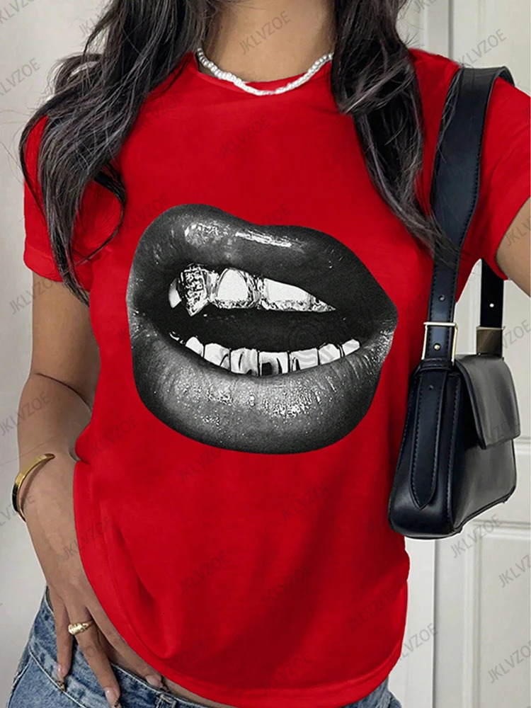 Summer Sporty Cotton T-Shirts Lip Printed Female Clothing Short Sleeve O-neck Tees Funny Women T Shirt Vintage Unisex Tops 250227