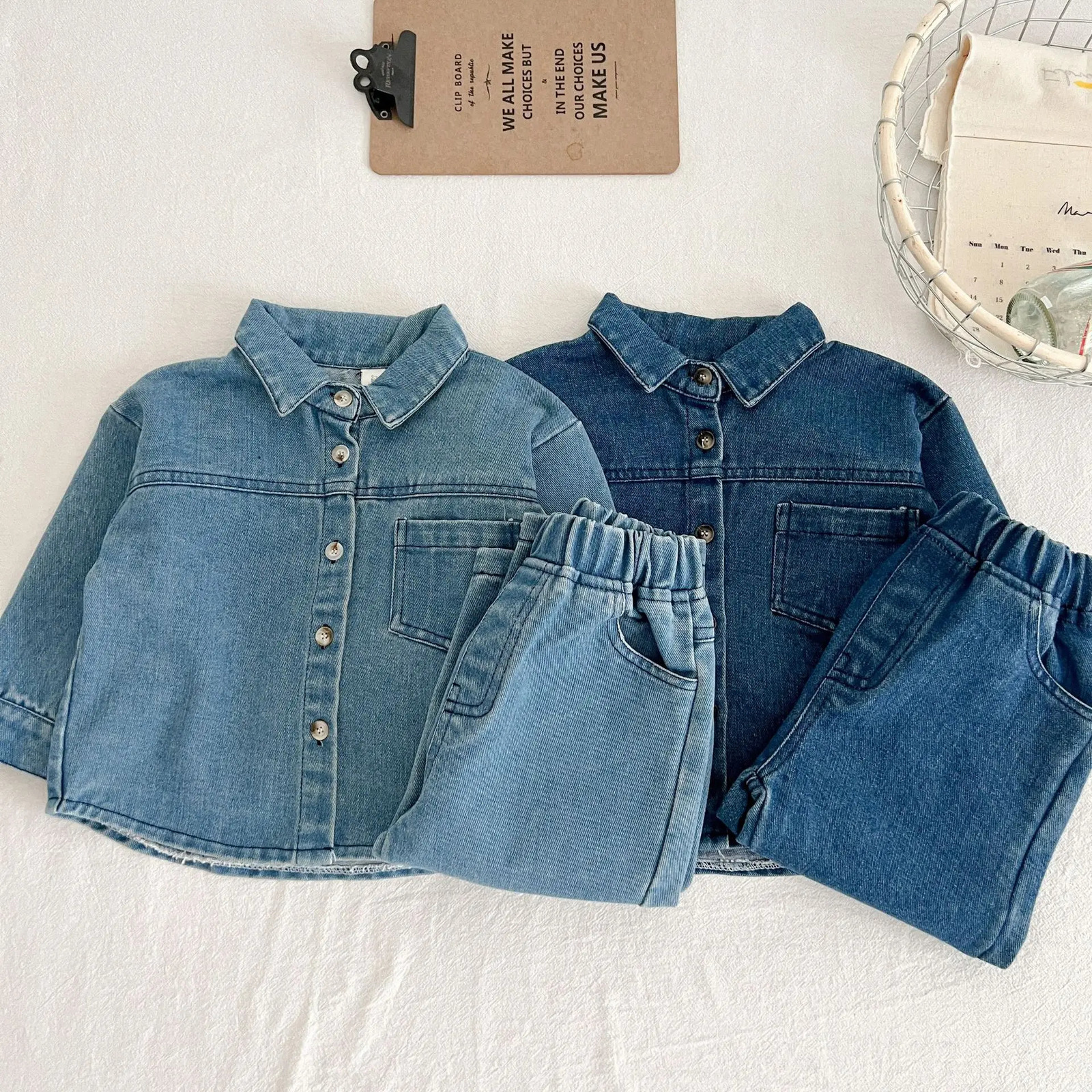 Solid denim set for baby spring autumn long sleeved denim shirt jacket for runners two-piece baby boy and girl simple casual 2PCS 250227