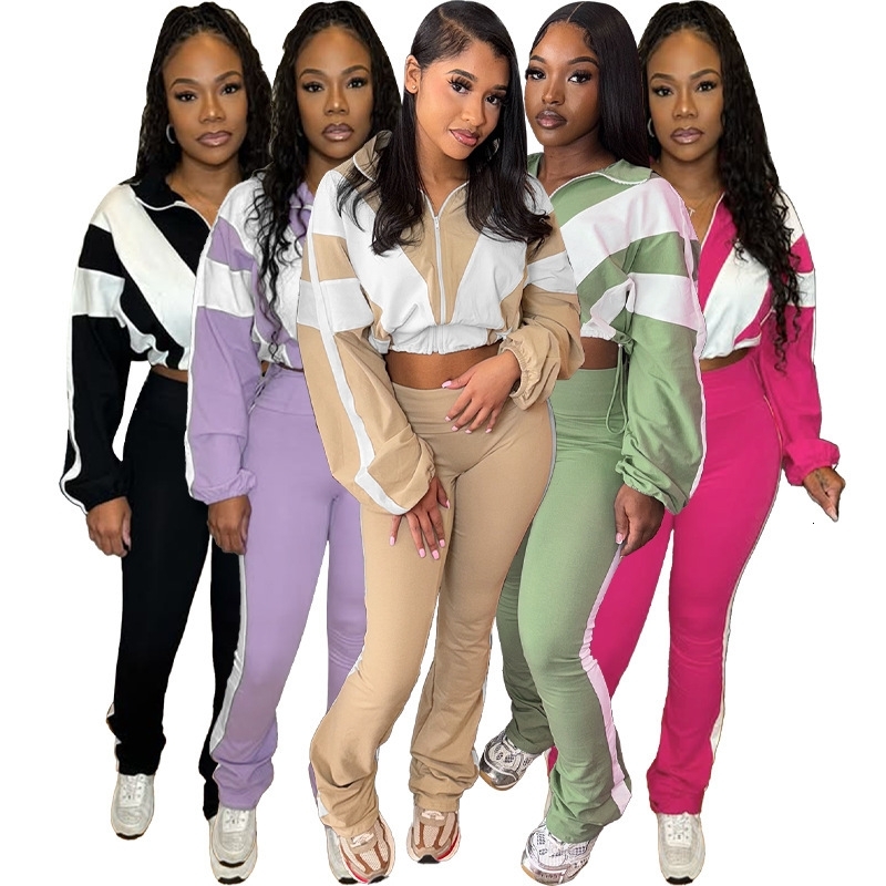 Womens Tracksuits Two Pieces Set 2025 Elastic Buckle Waist Color Block Splicing Contrasting Color Sports And Leisure Sportwear