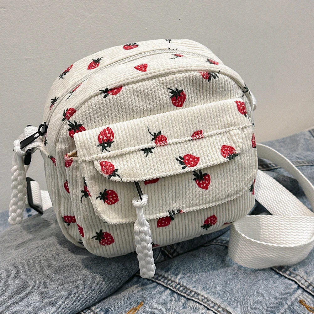 Ship from US Cute Strawberry Shoulder Bag Corduroy Trendy Crossbody Casual Zipper Messenger for Women Travel Work 250227FBB