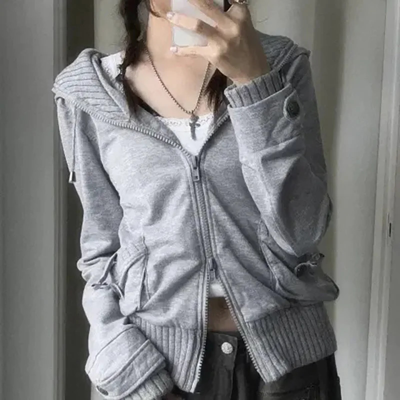 Y2K Harajuku Punk Street Hip Hop Trendy Clothing Retro Solid Color Zipper Hoodie Womens Casual Slimming Type Sportswear 250226