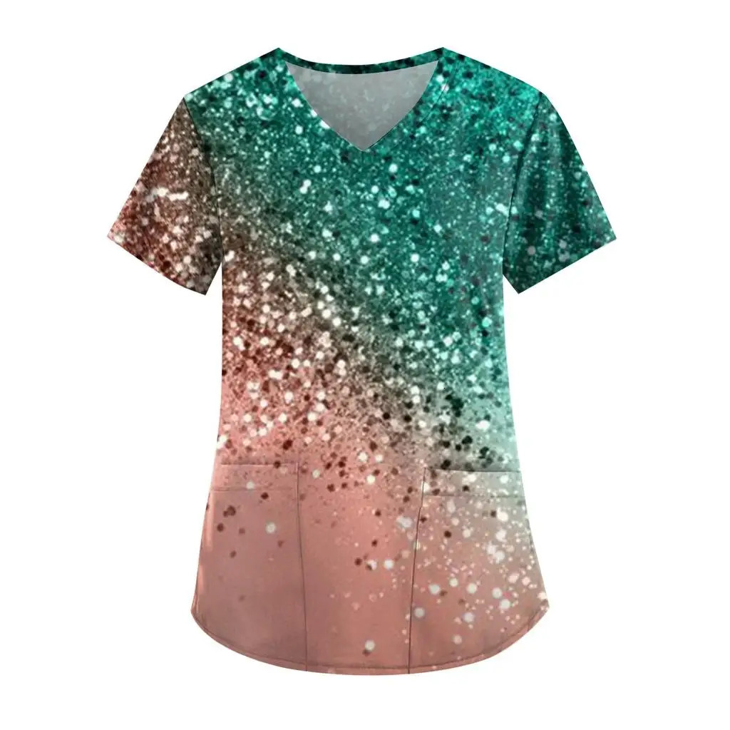 Casual Nurse Uniform Print Women Short Sleeve Tops Vneck Blouse Shirt Pocket Beauty Care Scrub Uniforms Womens 250226
