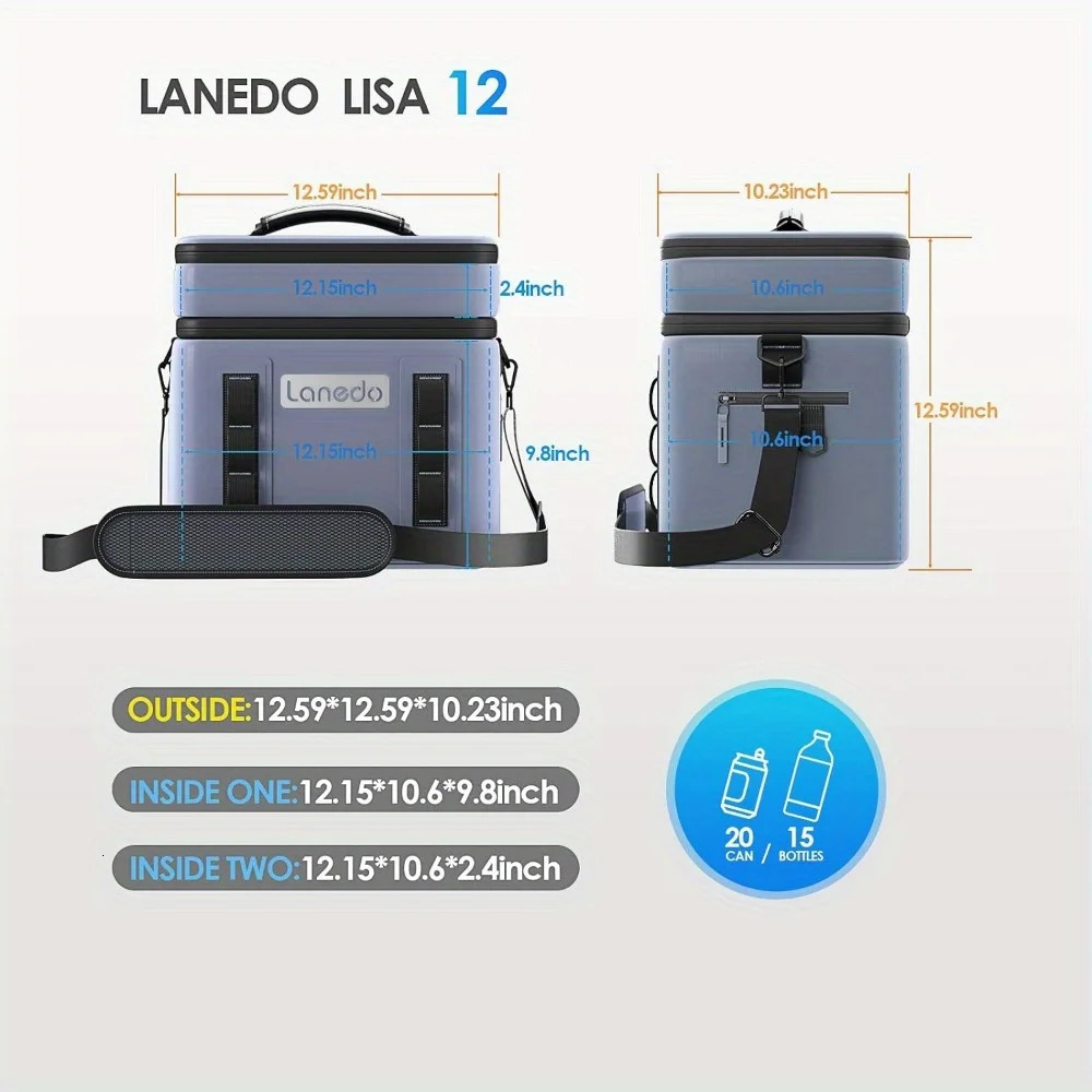 Ship from US Lanedo Lunch Soft Cooler 20 Can Carrying Handle Insulated Bag Portable Ice Chest BoxGray 250227FBB