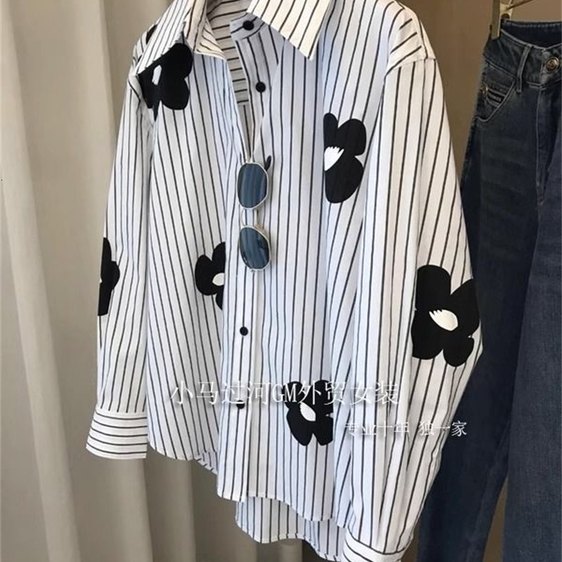 Spring Long Sleeve Loose Printing Patchwork Blouse Polo Neck All-match Youth Vintage Shirt Tops Fashion Casual Women Clothes 250226