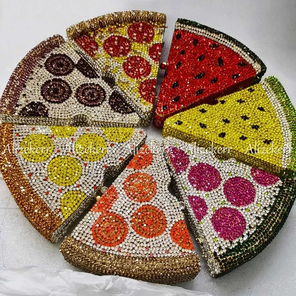 Alizekerr Pizza Shaped Dia Evening Clutch Bags 2024 New Gorgeous Unique Metallic Watermelon Rhie Purses Wedding Party
