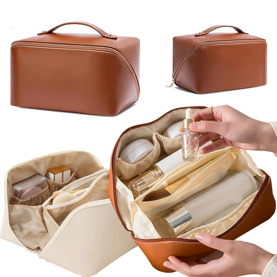 Ship from US 1pc Large Portable Capacity Cosmetic Bag For Women MakeupTravel PU Leather Skincare Toiletry BagMakeup Organizer 250227FBB