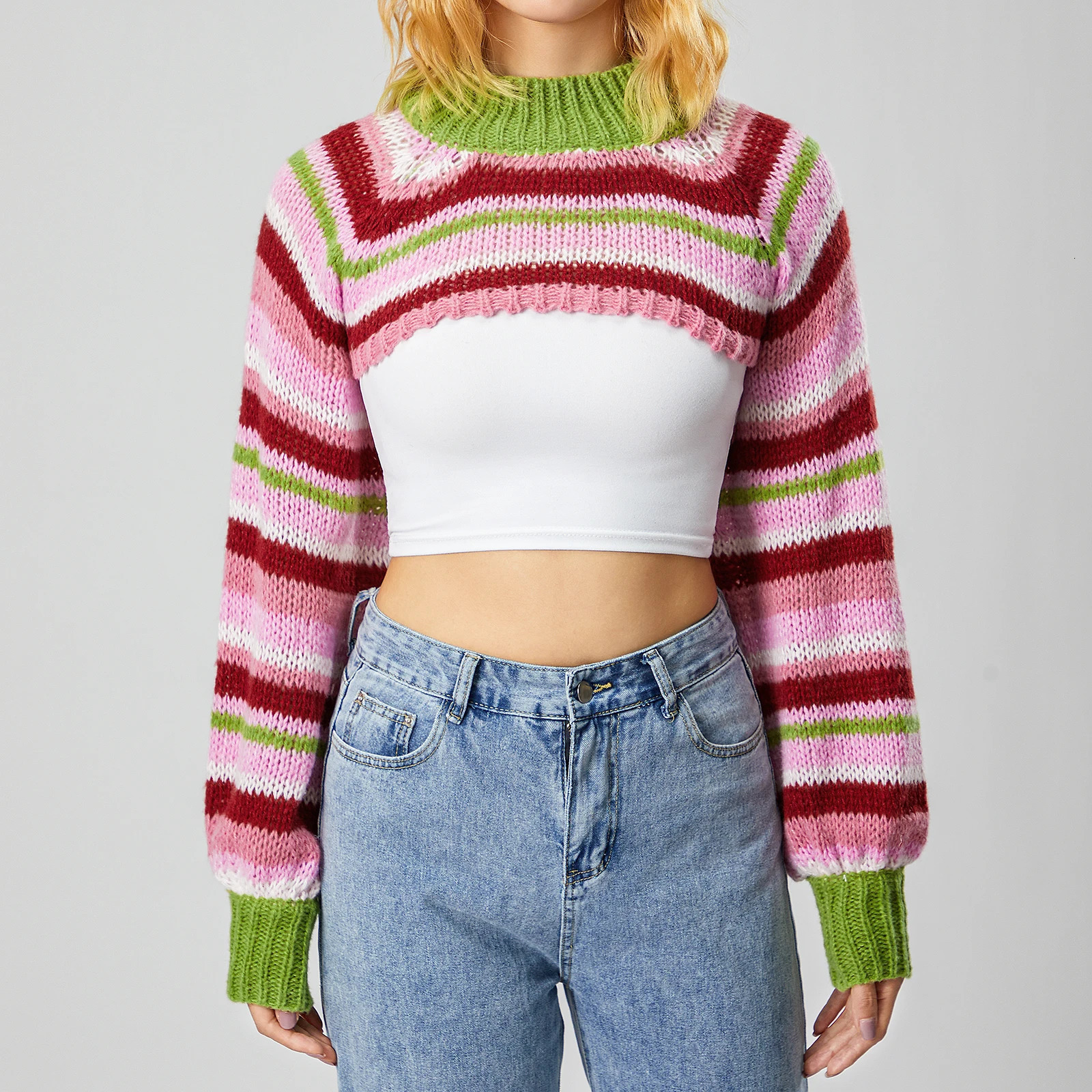 Womens Spring and Autumn Knitted Corset Sweater Casual Striped Loose Long Sleeve Half Turtle Neck Pulling Flower Top 250225