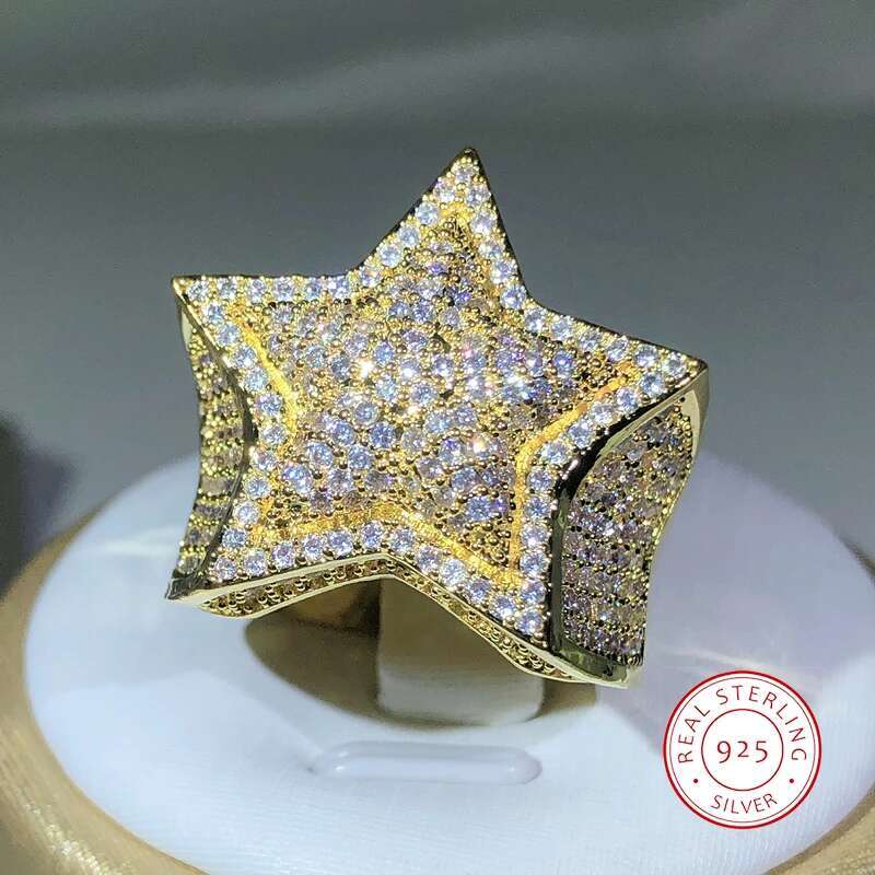 Sier Classic Yellow Gold Five Star Zircon For Women & Men Big Ring Party Birthday Jewelry Gift