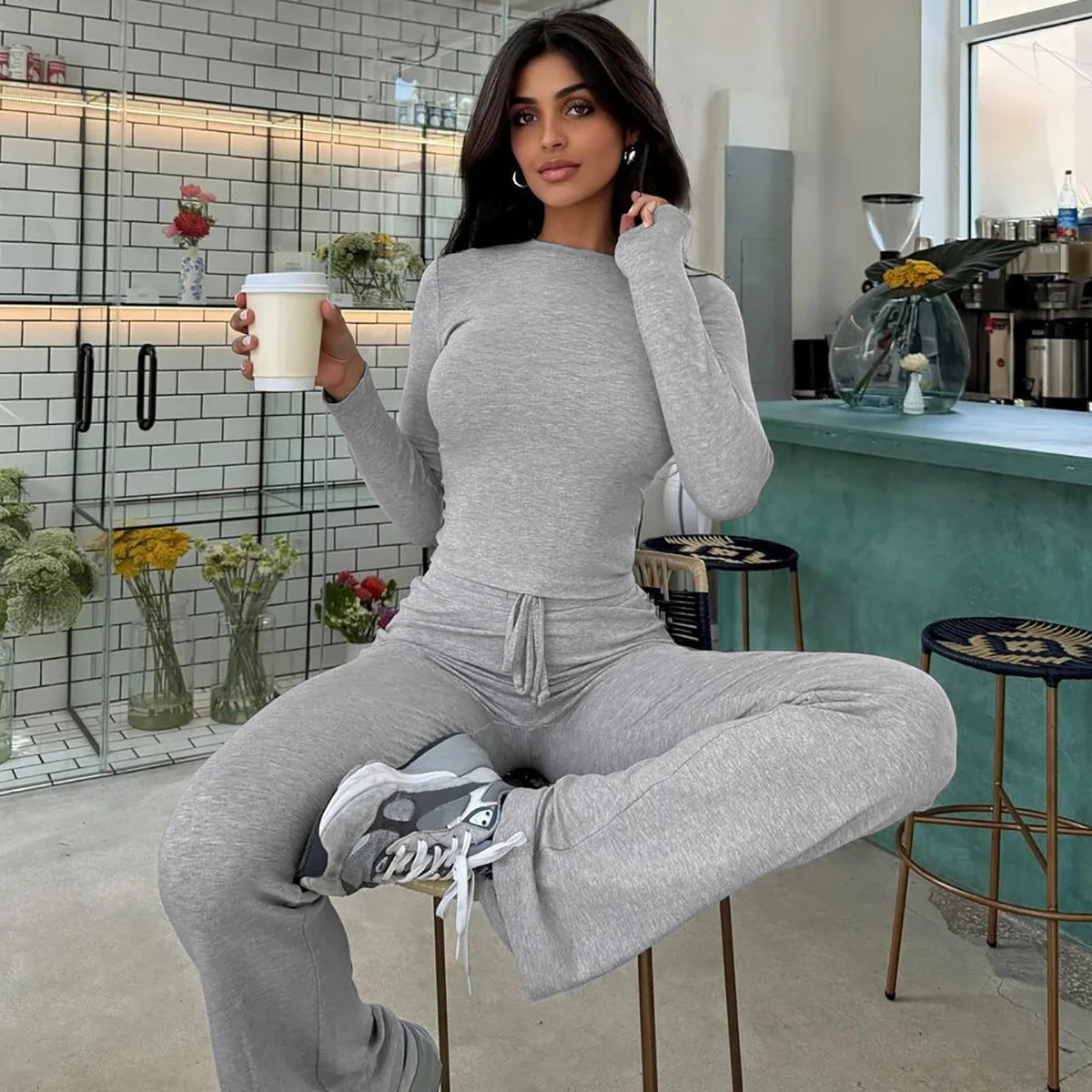 Elegant Solid Two Piece Sets Women Long Sleeve Slim ONeck Crop Tops Drawstring Flare Pants Suit Lace Up Outfits Streetwear 250226