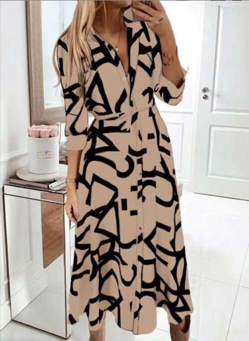 European American women's V-neck spring autumn printed button long sleeved lace up dress 2025 new style chic and elegant clothing