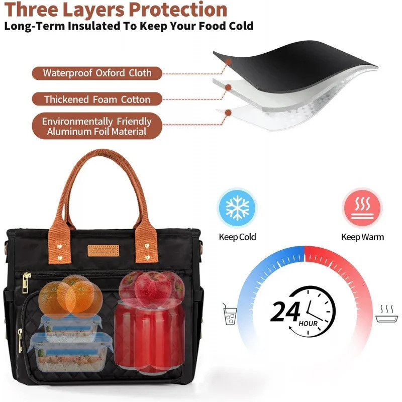 Ship from US Large womens lunch bag insulatedadult boxdurable nylon heat cooler bagleak proof 250227FBB