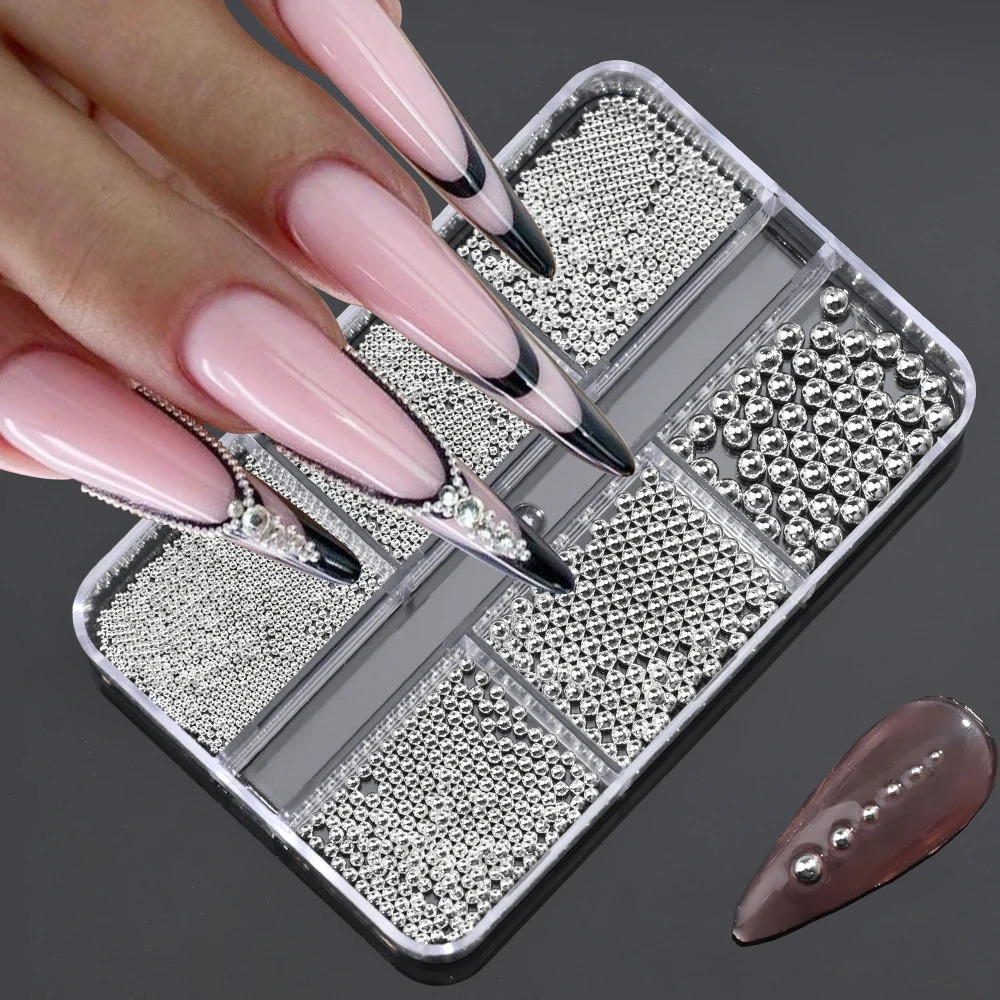6Girdbox Stainless Steel Caviar Beads Nail Art MixedSize Alloy GoldSilver Gun Bead Charms 08m Manicure Micro Ball 250217