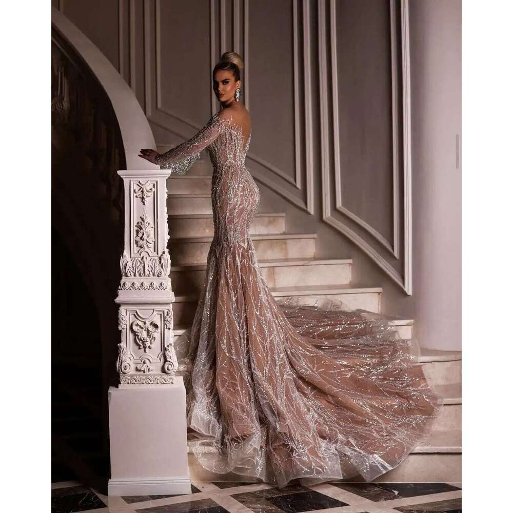 Long Sleeve Mermaid Dresses, Shiny Beaded Sequins, Bags, Sweep Train, Custom Made Wedding Dress